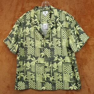 MODE OF ONE Button Camp Shirt Mens Medium Green Floral Geo Abstract Short Sleeve